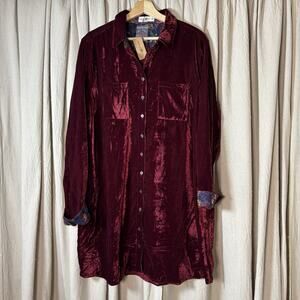 NWT Natural Life Burgundy Velvet Button Down Shirt Dress XL Cozy Floral Accent